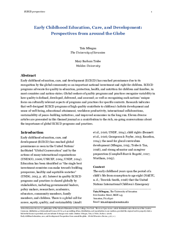 (PDF) Early Childhood Education, Care, and Development: Perspectives ...