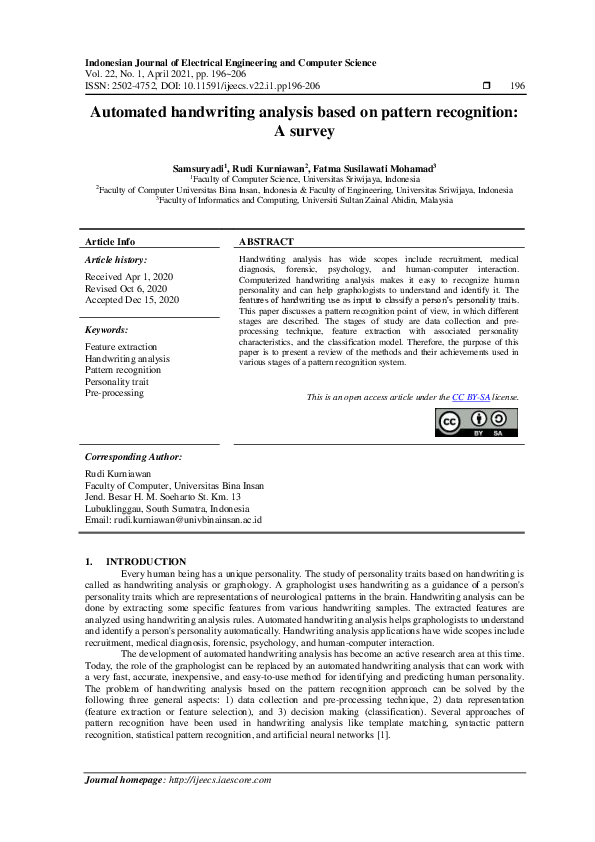 (PDF) Automated handwriting analysis based on pattern recognition: a survey