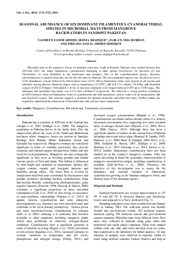 (PDF) Seasonal Abundance of Six Dominant Filamentous Cyanobacterial