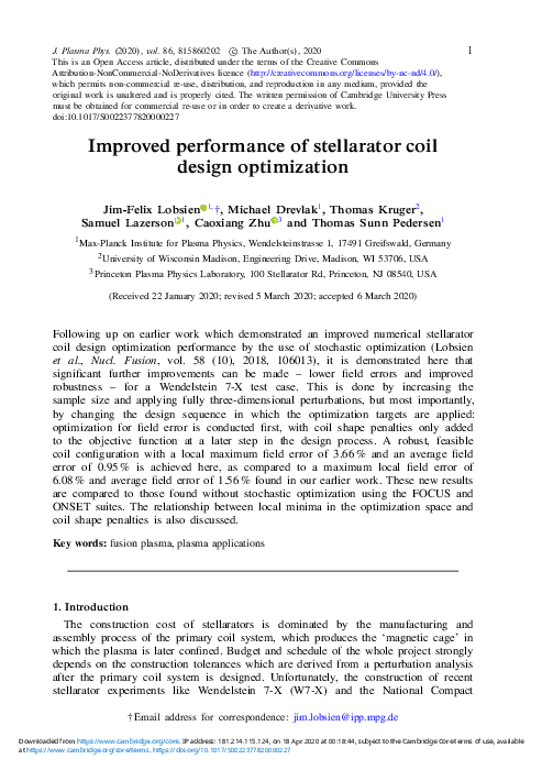 (PDF) Improved performance of stellarator coil design optimization