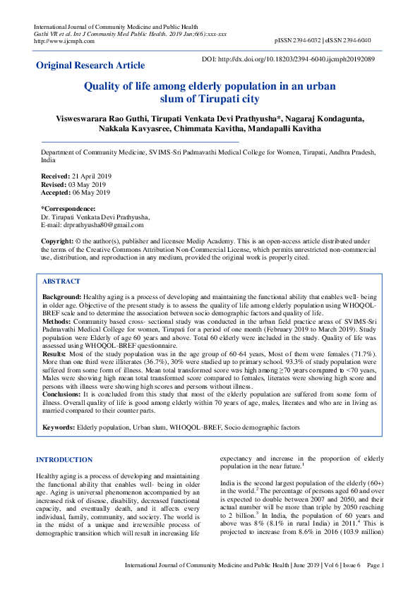 (PDF) Quality of life among elderly population in an urban slum of ...
