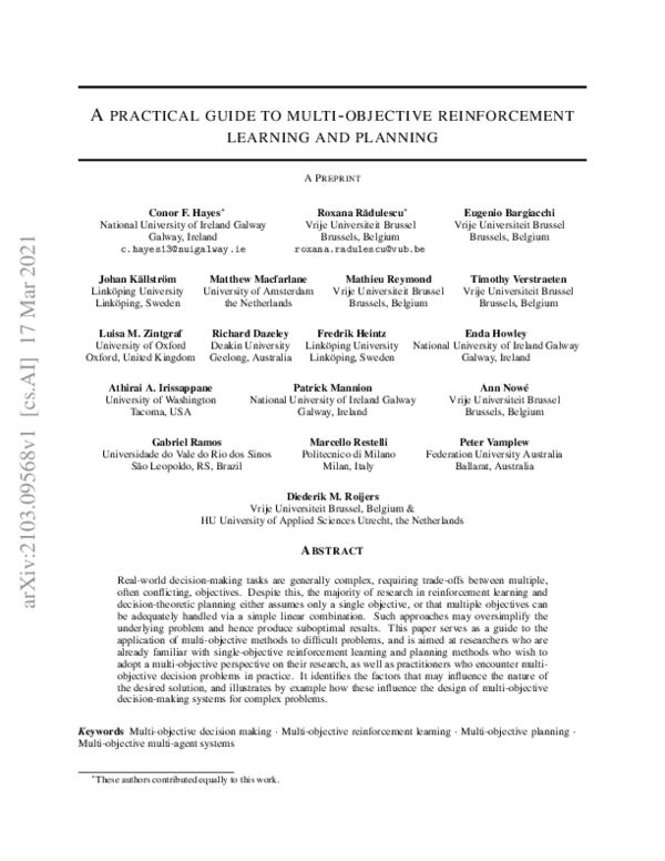 (PDF) A Practical Guide to Multi-Objective Reinforcement Learning and ...