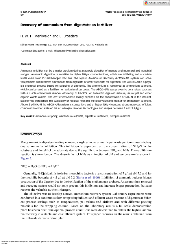 (PDF) Recovery of ammonium from digestate as fertilizer