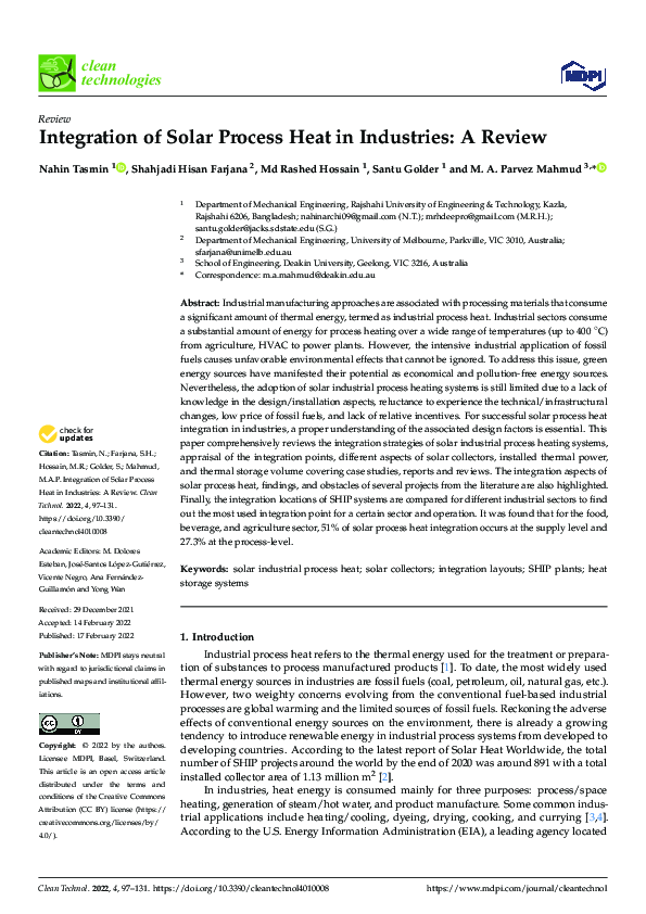 (PDF) Integration of Solar Process Heat in Industries: A Review
