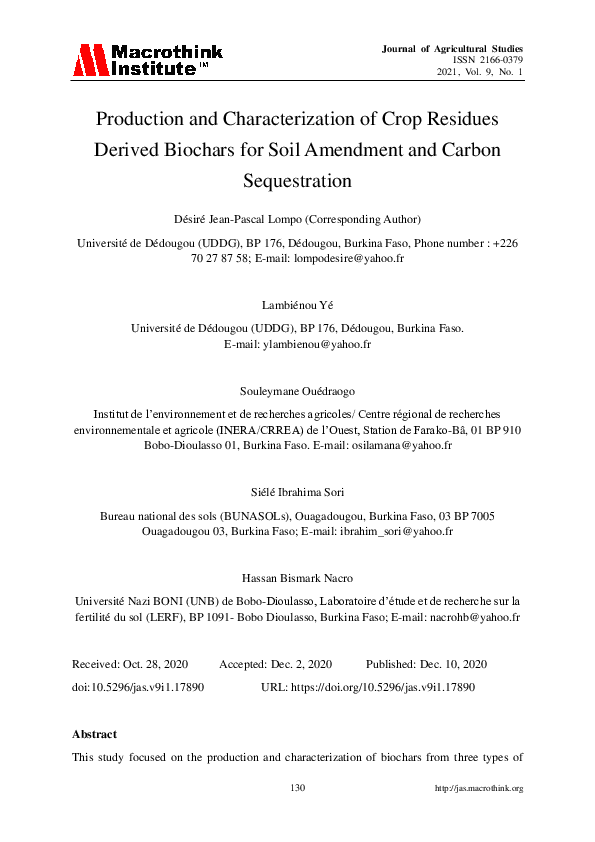 (PDF) Production and Characterization of Crop Residues Derived Biochars ...