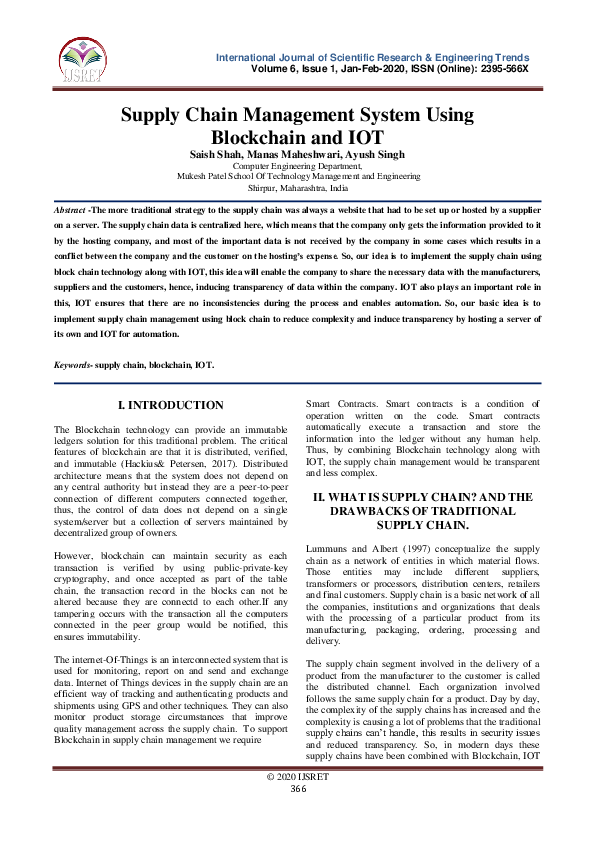 (PDF) Supply Chain Management System Using Blockchain and IOT