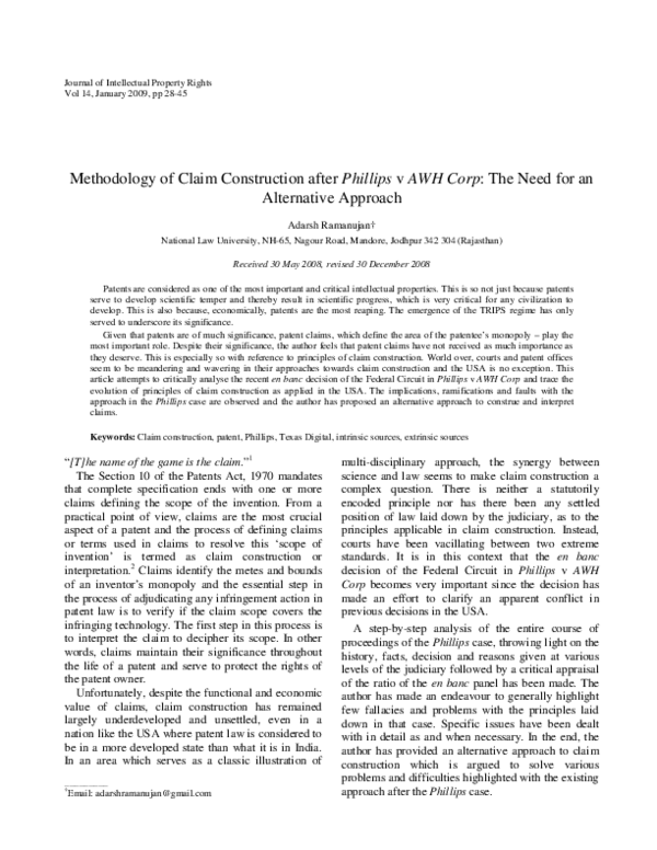 (PDF) Methodology of Claim Construction after Phillips v AWH Corp: The ...