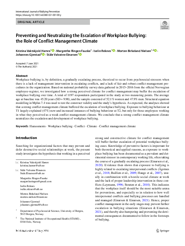 (PDF) Preventing and Neutralizing the Escalation of Workplace Bullying ...