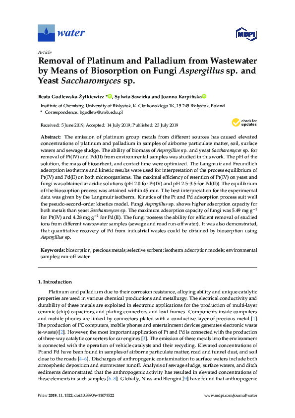 (PDF) Removal of Platinum and Palladium from Wastewater by Means of ...