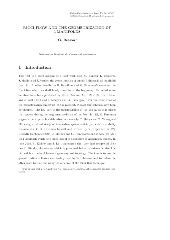 (PDF) Ricci Flow and the Geometrization of 3-MANIFOLDS