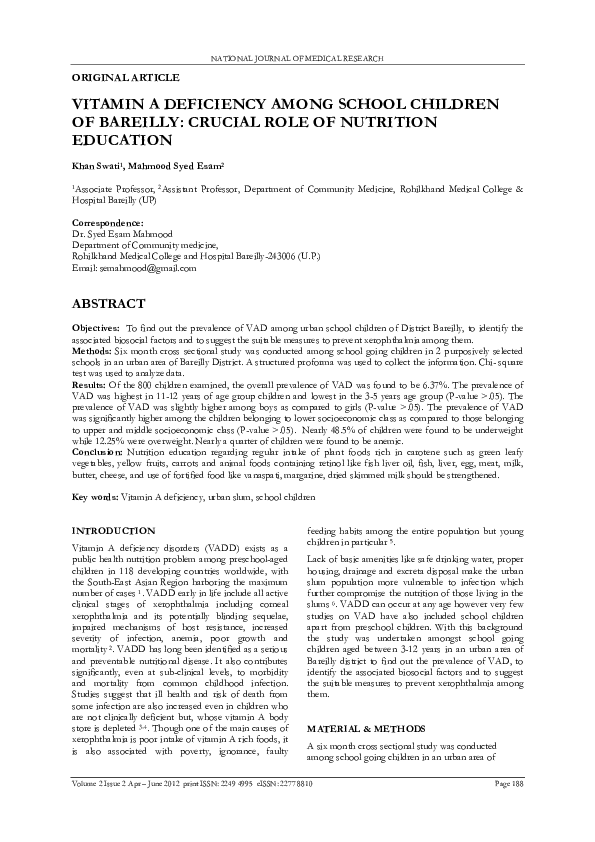 (PDF) Vitamin a Deficiency Among School Children of Bareilly: Crucial ...