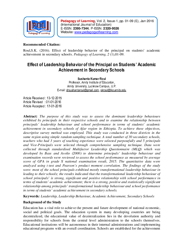 (PDF) Effect of Leadership Behavior of the Principal on Students ...