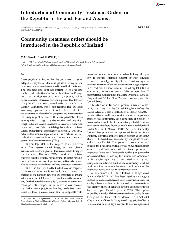 (PDF) Community treatment orders should be introduced in the Republic ...