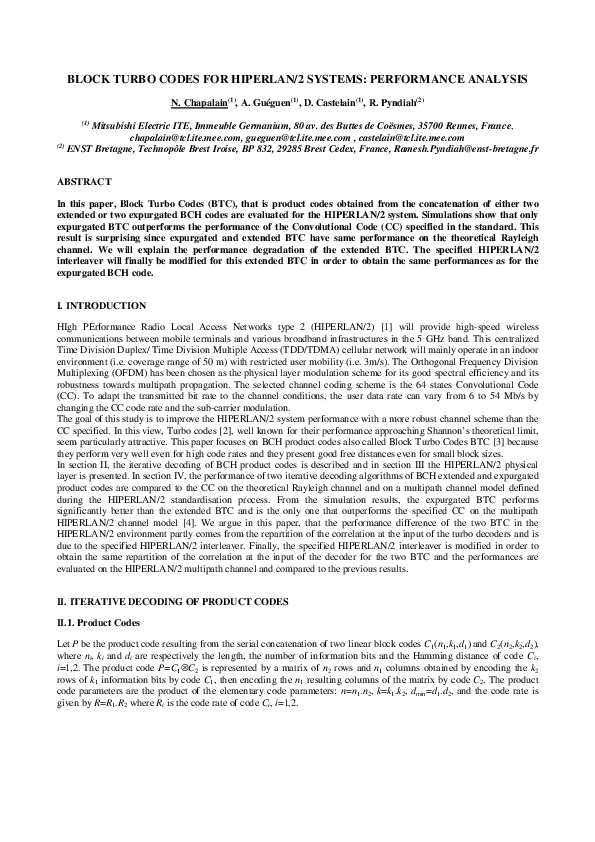 (PDF) Block Turbo Codes for Hiperlan / 2 Systems : Performance Analysis
