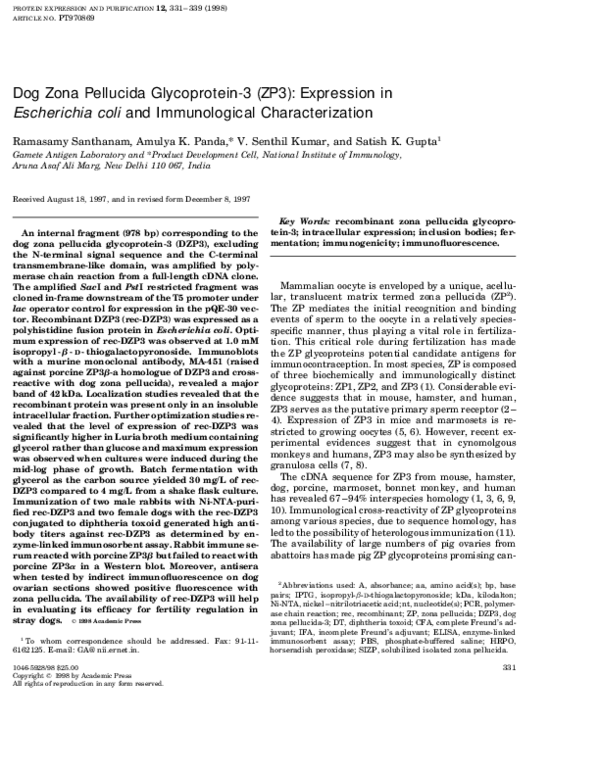 (PDF) Dog Zona Pellucida Glycoprotein-3 (ZP3): Expression inEscherichia ...