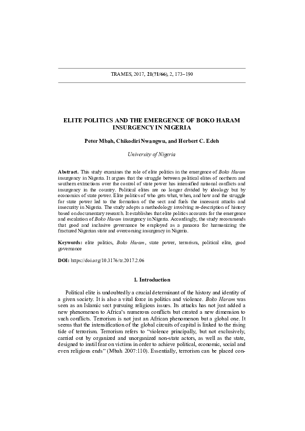 (PDF) Elite Politics and the Emergence of Boko Haram Insurgency in Nigeria