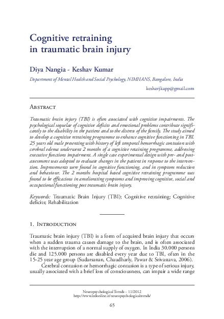 (PDF) Cognitive retraining in traumatic brain injury