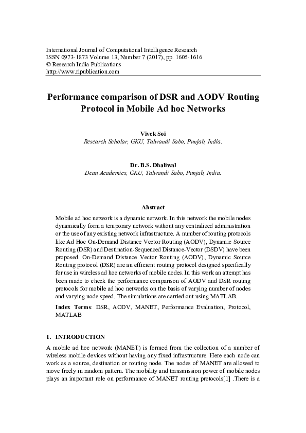 (PDF) Performance comparison of DSR and AODV Routing Protocol in Mobile ...