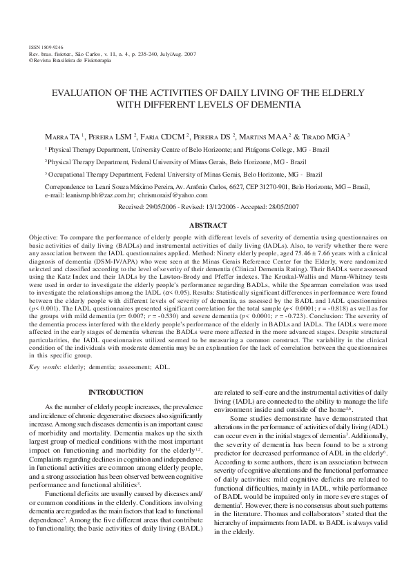 (PDF) Evaluation of the activities of daily living of elderly people ...