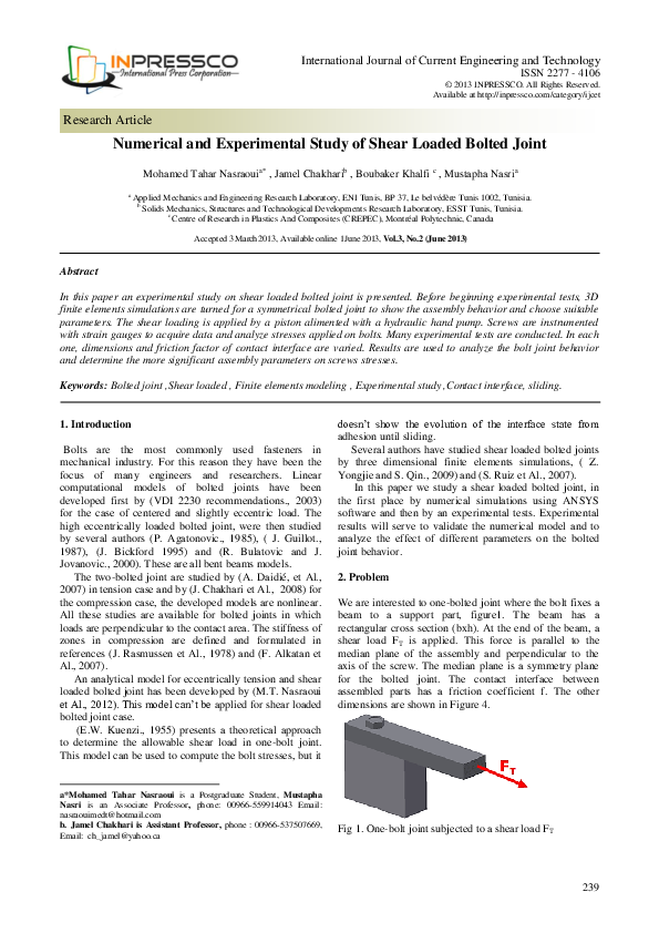(PDF) Numerical and Experimental Study of Shear Loaded Bolted Joint