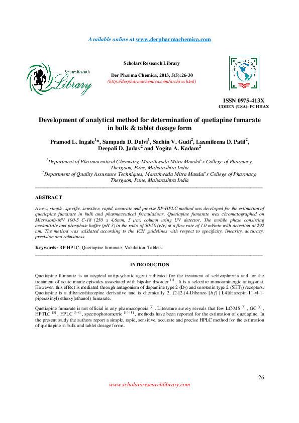 (PDF) Development of analytical method for determination of quetiapine ...