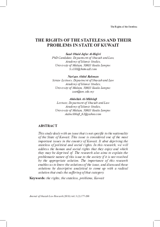 (PDF) The Rights of the Stateless and Their Problems in State of Kuwait