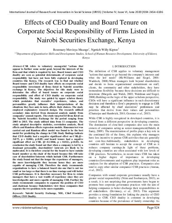 (PDF) Effects of CEO Duality and Board Tenure on Corporate Social ...