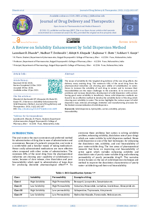 (PDF) A Review on Solubility Enhancement by Solid Dispersion Method