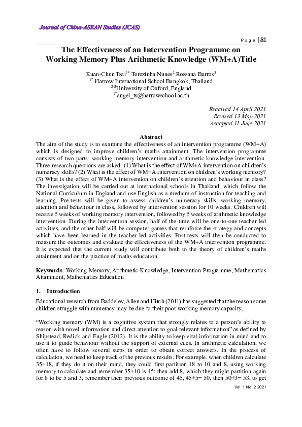 (PDF) The Effectiveness of an Intervention Programme on Working Memory ...