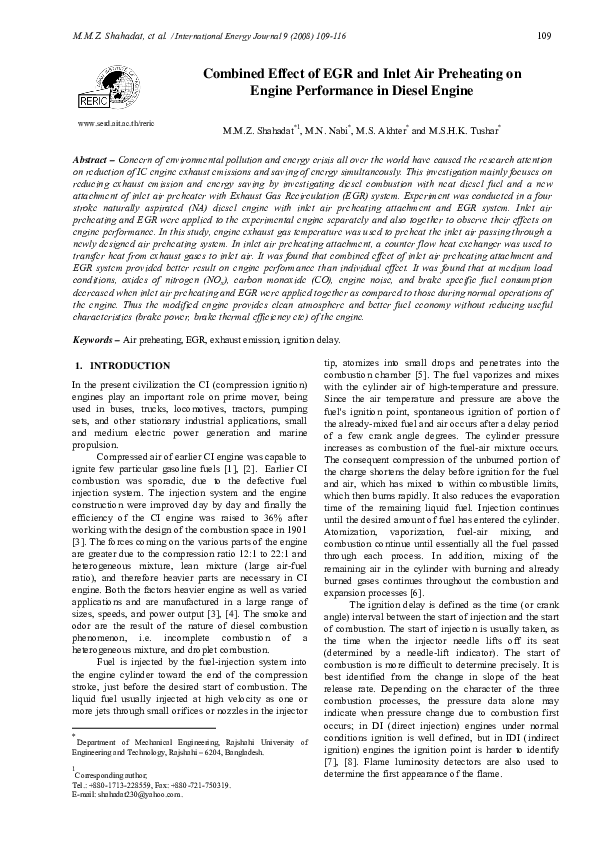 (PDF) Combined Effect of EGR and Inlet Air Preheating on Engine ...