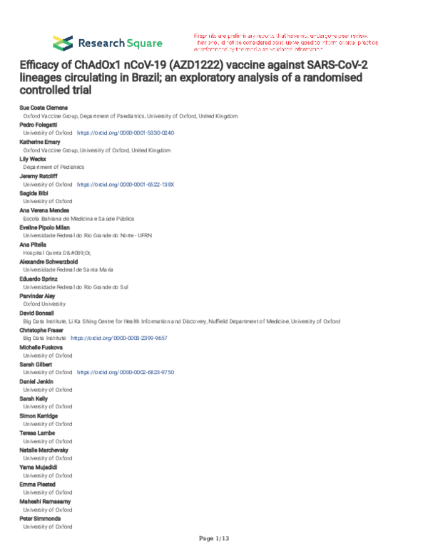 (PDF) Efficacy of ChAdOx1 nCoV-19 (AZD1222) vaccine against SARS-CoV-2 ...