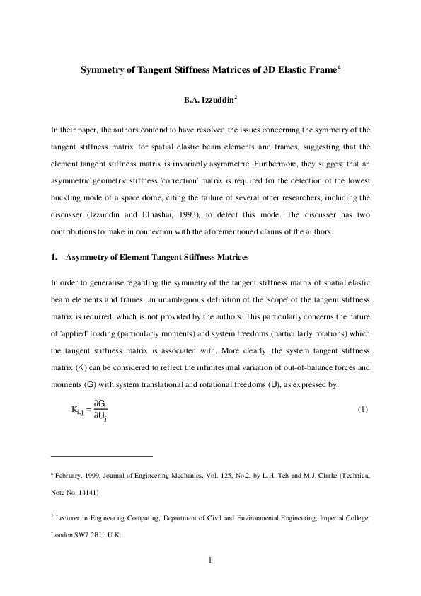 (PDF) Symmetry of Tangent Stiffness Matrices of 3D Elastic Frame