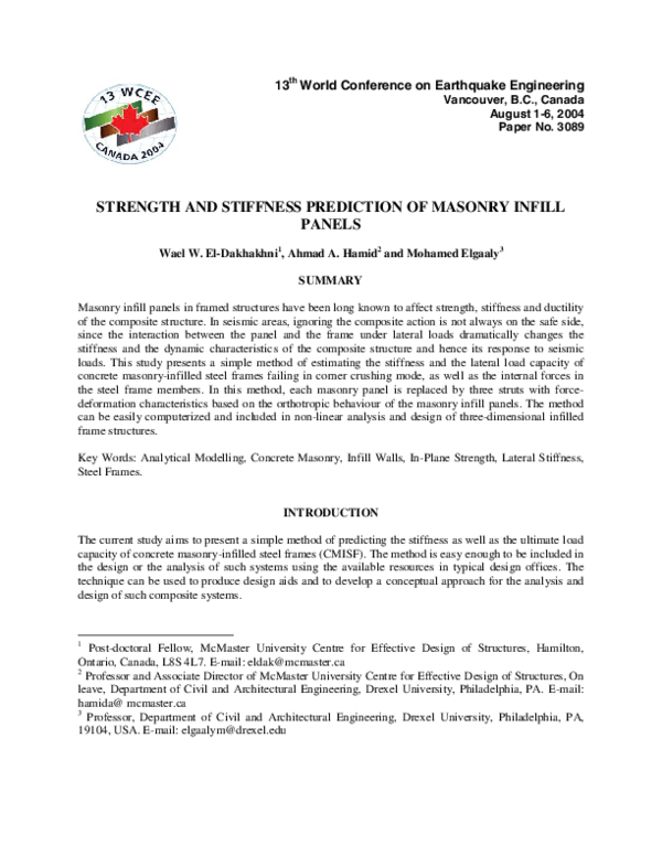 (PDF) Strength and Stiffness Prediction of Masonry Infill Panels