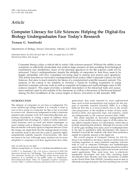 (PDF) Article Computer Literacy for Life Sciences: Helping the Digital ...