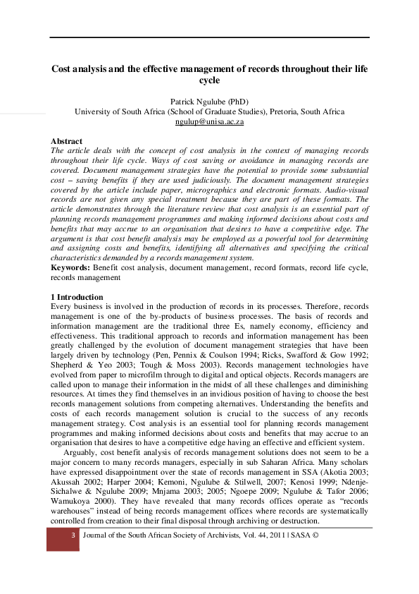 (PDF) Cost analysis and the effective management of records throughout ...