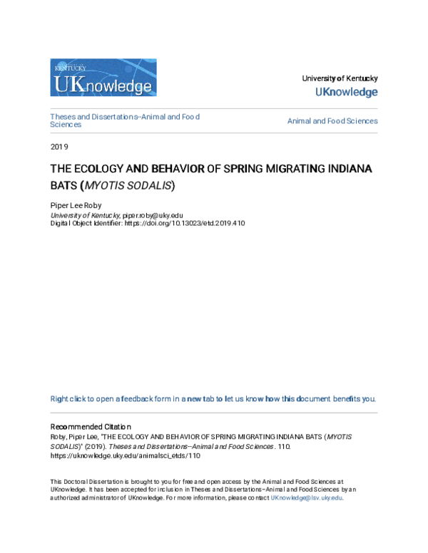 (PDF) The Ecology and Behavior of Spring Migrating Indiana Bats ...