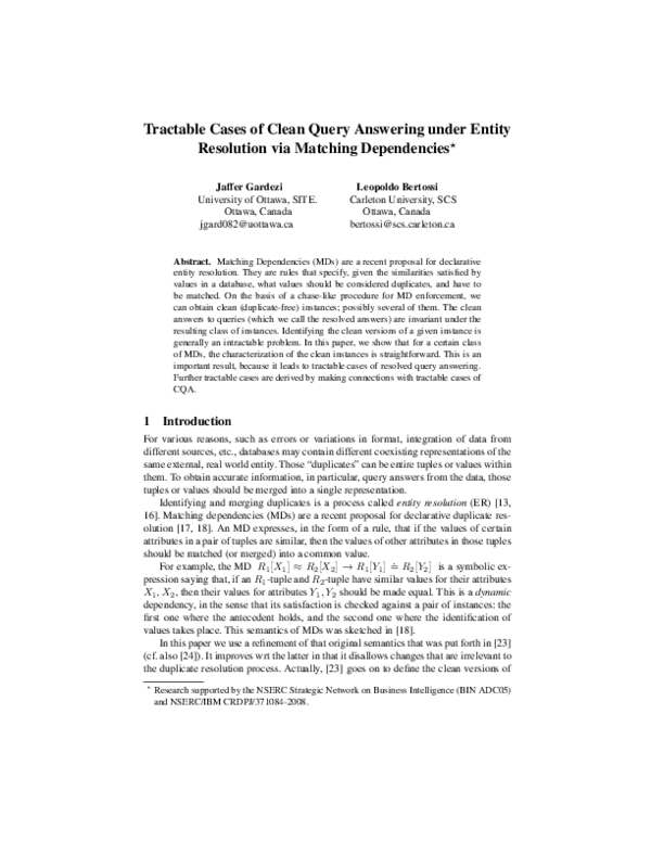 (PDF) Tractable Cases of Clean Query Answering under Entity Resolution ...