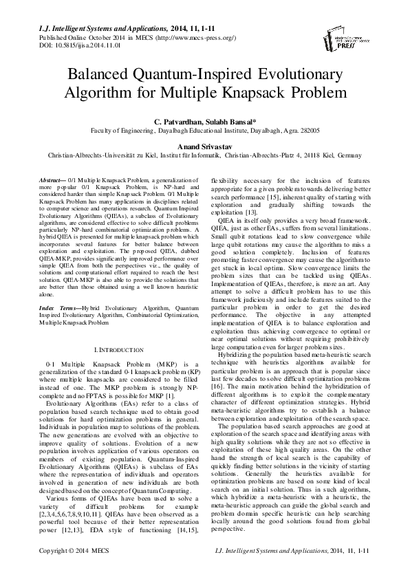 (PDF) Balanced Quantum-Inspired Evolutionary Algorithm for Multiple ...