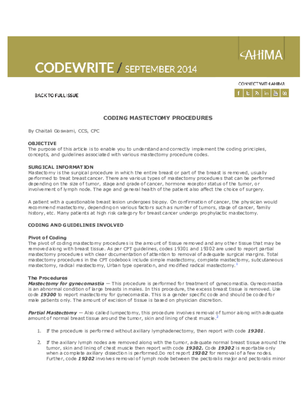 Pdf Coding Mastectomy Procedures