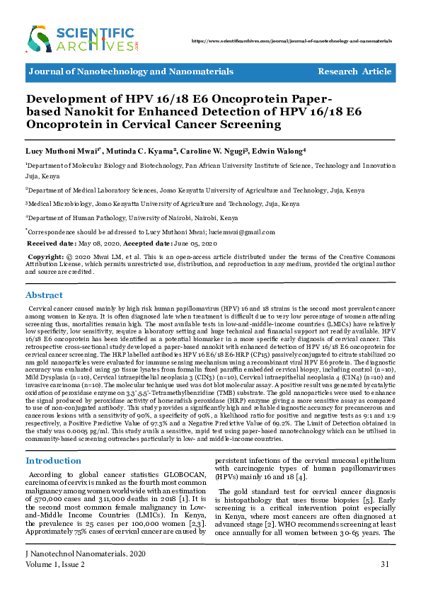(PDF) Development of HPV 16/18 E6 Oncoprotein Paperbased Nanokit for ...