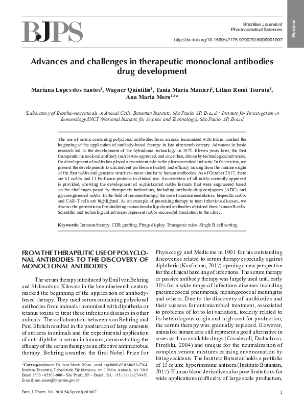 (PDF) Advances and challenges in therapeutic monoclonal antibodies drug ...