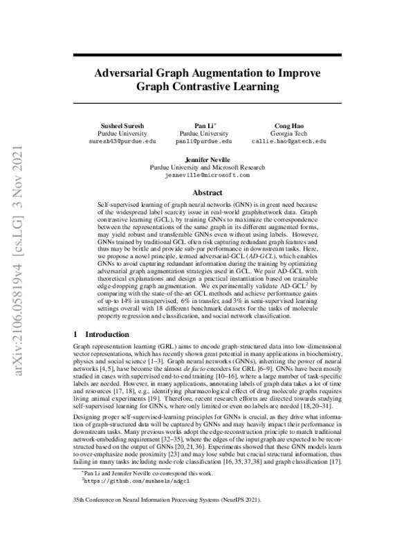 (PDF) Adversarial Graph Augmentation to Improve Graph Contrastive Learning