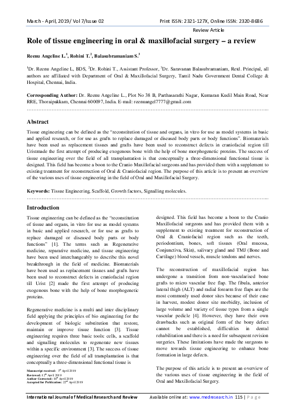 (PDF) Role of tissue engineering in oral & maxillofacial surgery – a review
