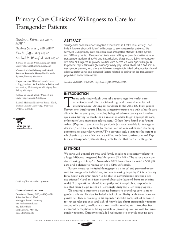 (PDF) Primary Care Clinicians’ Willingness to Care for Transgender Patients