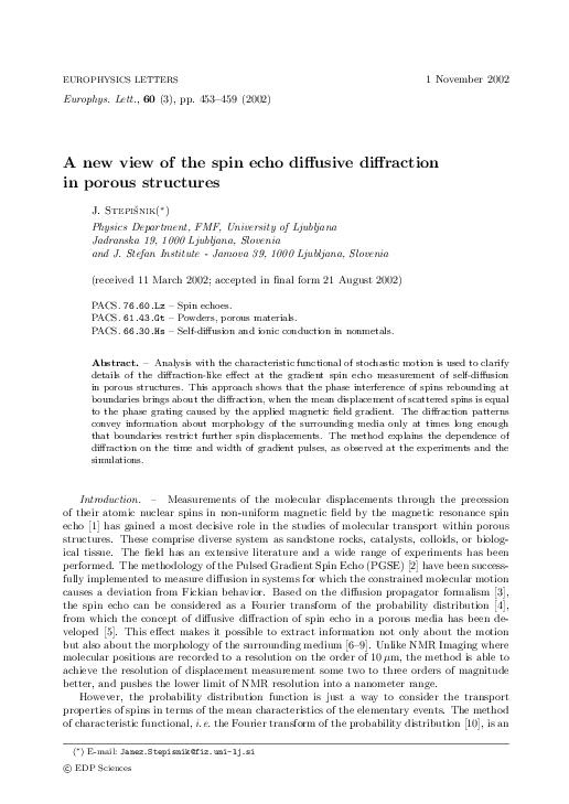 (PDF) A New View of the Spin Echo Diffusive Diffraction in Porous ...