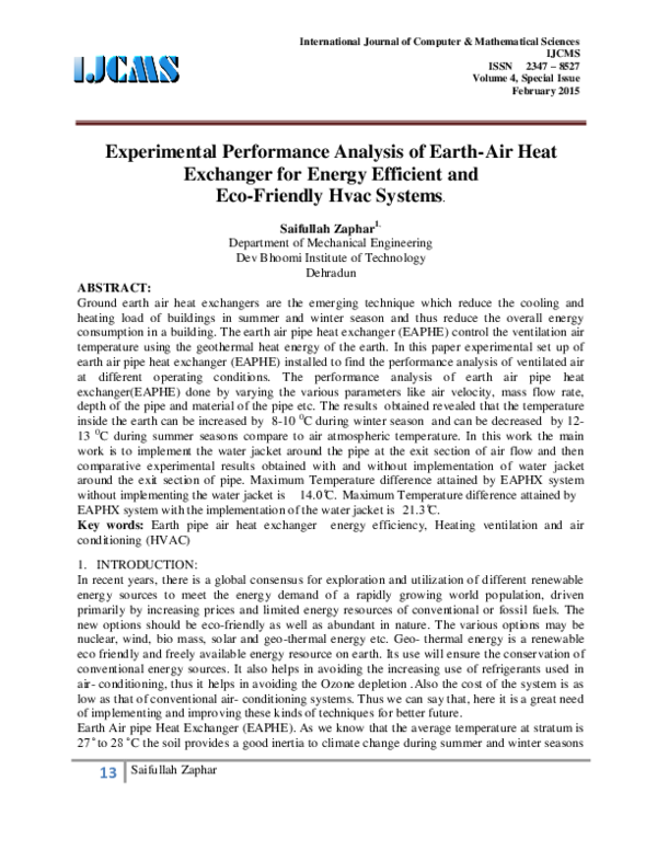 (PDF) Experimental Performance Analysis of Earth-Air Heat Exchanger for ...