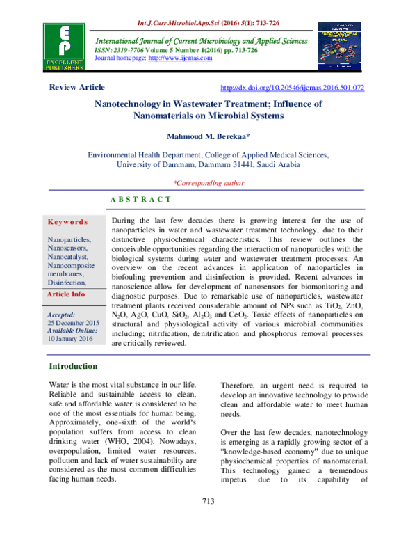 (PDF) Nanotechnology in Wastewater Treatment; Influence of ...