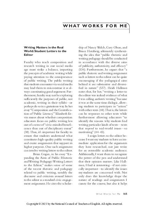 (PDF) Writing Matters in the Real World: Student Letters to the Editor