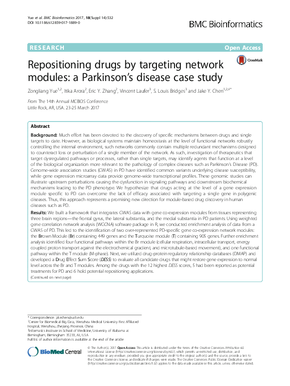 (PDF) Repositioning drugs by targeting network modules a Parkinson's