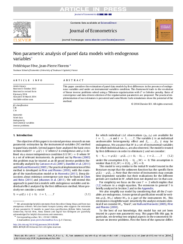 (PDF) Non parametric analysis of panel data models with endogenous ...